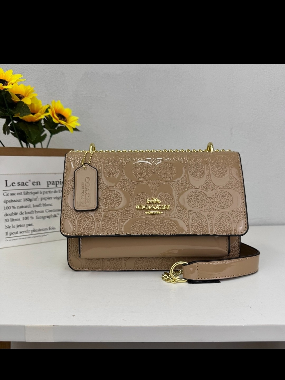 Coach Taupe Patent Leather Signature Crossbody with Gold Hardware